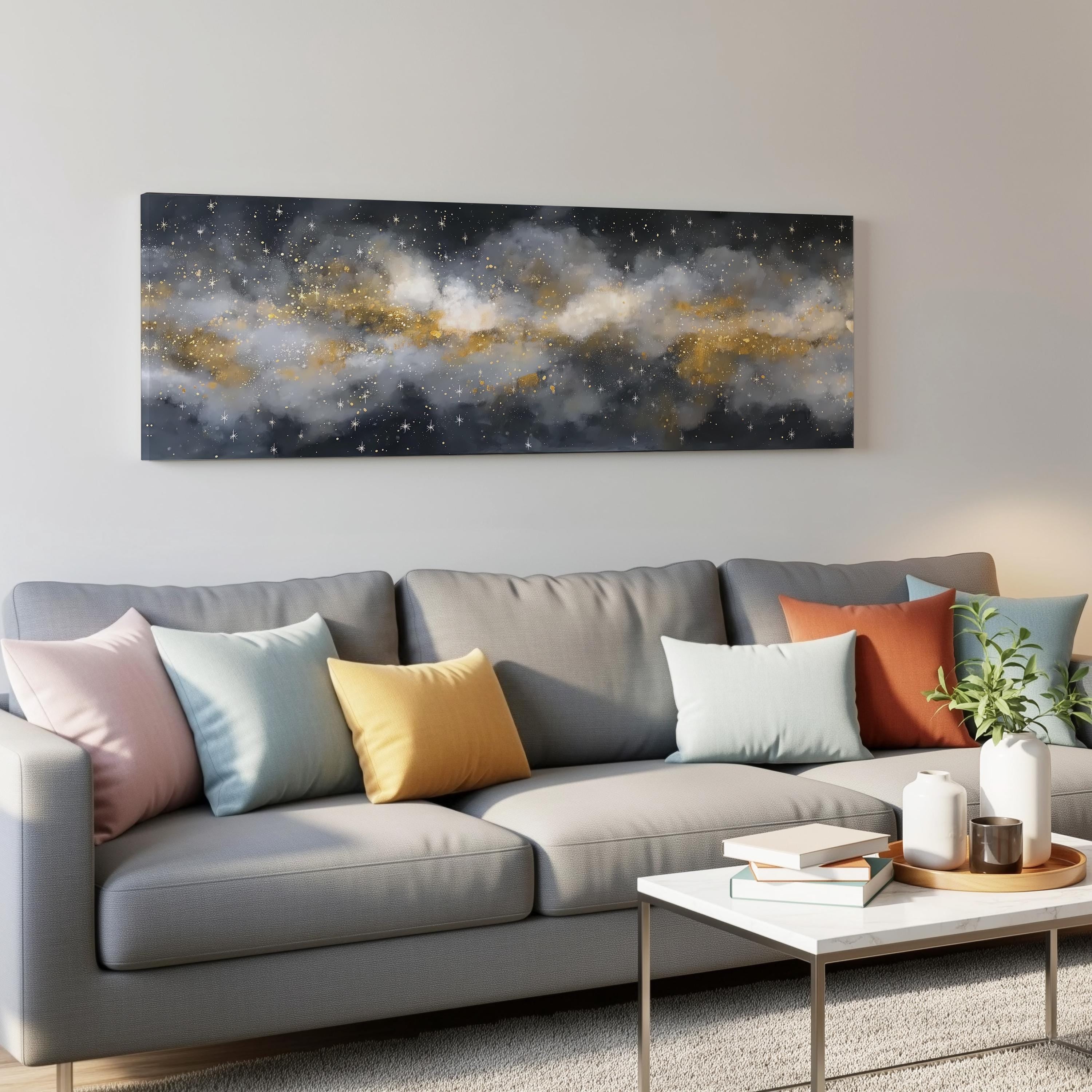 a modern living room with a gray sofa adorned with colorful throw pillows, a white coffee table, and a large abstract painting hanging on the wall above the sofa.