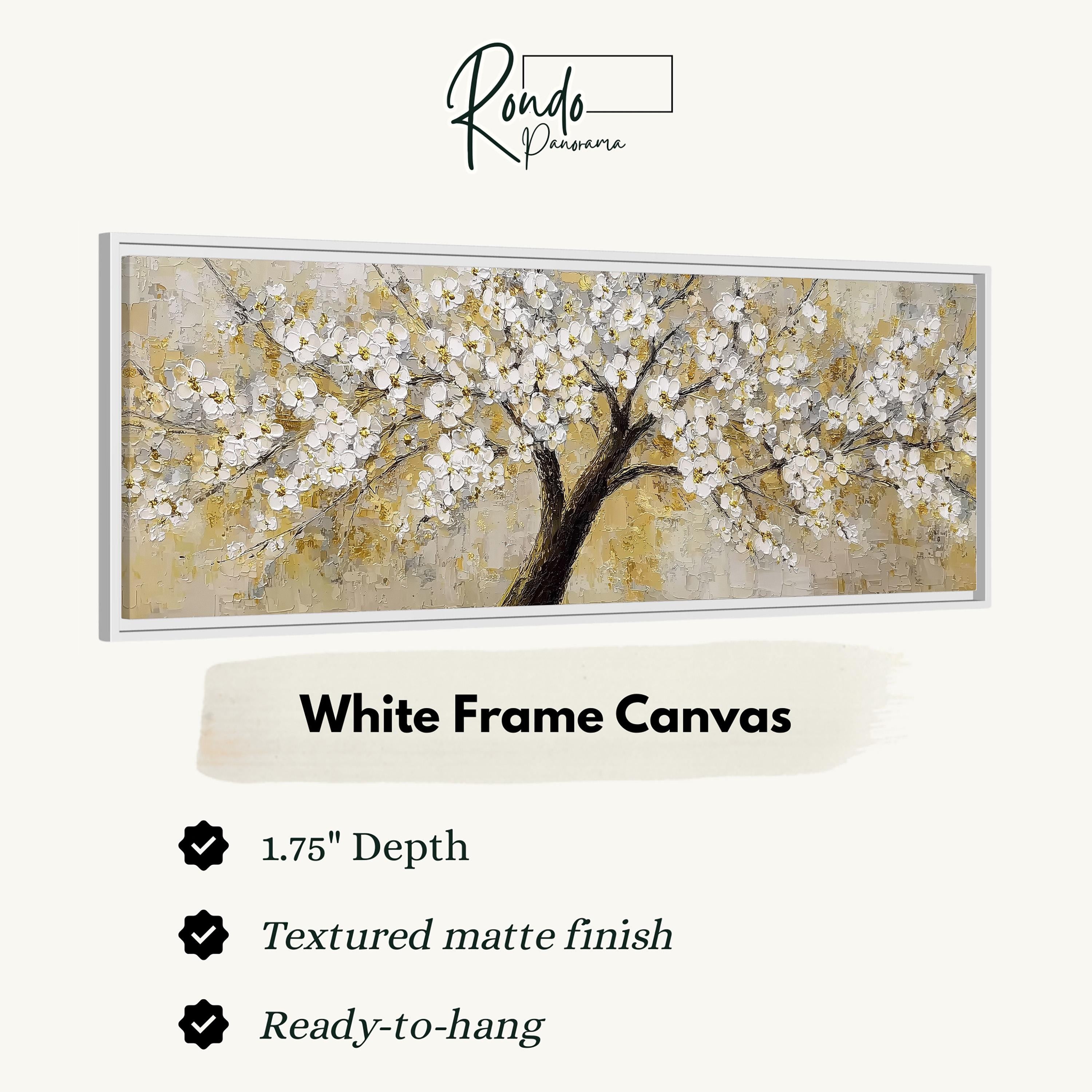 The image is a framed artwork depicting a white tree with yellow flowers.