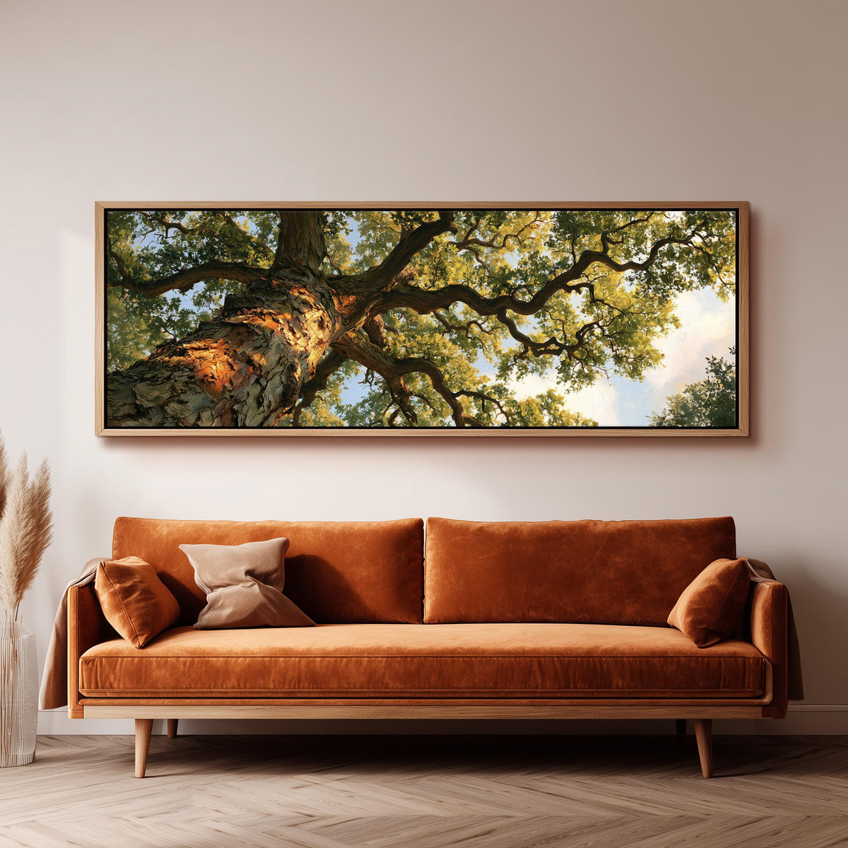 Twisting oak branch from below long horizontal canvas print displayed on a wall