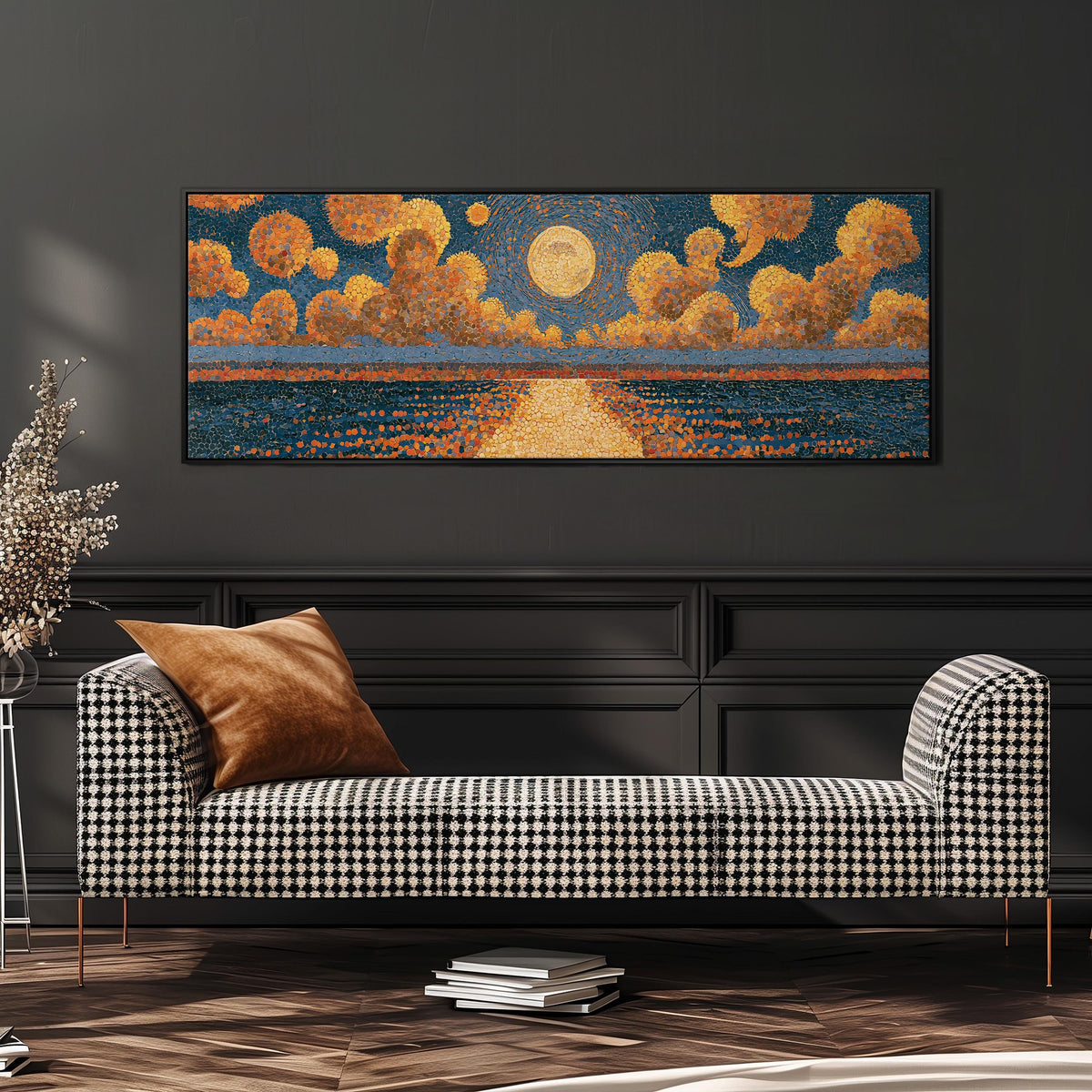 Golden sunset over a lake wide panoramic canvas print above a bench in a dark living room