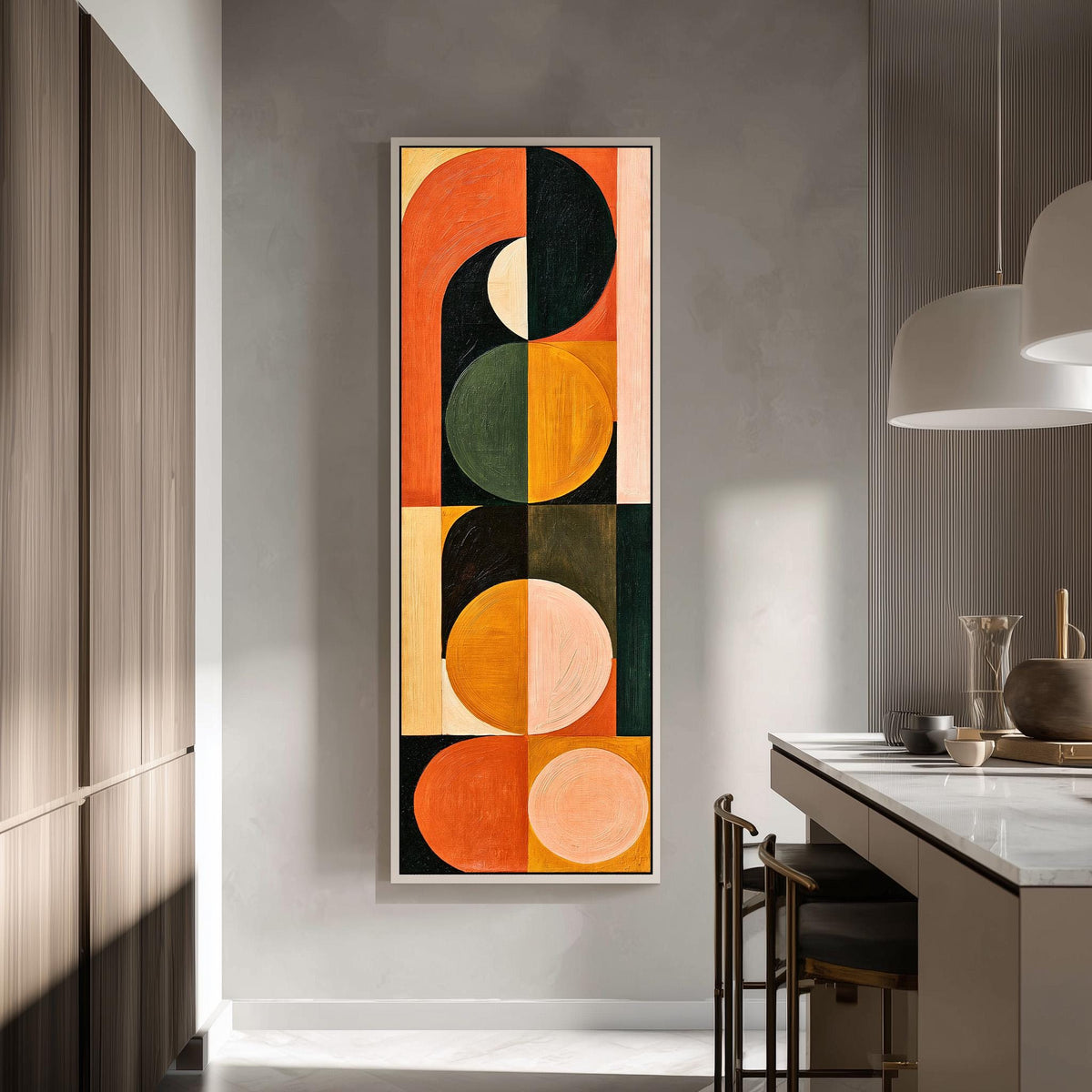 Stacked half moons and circles in orange and olive tall skinny canvas print in a modern kitchen