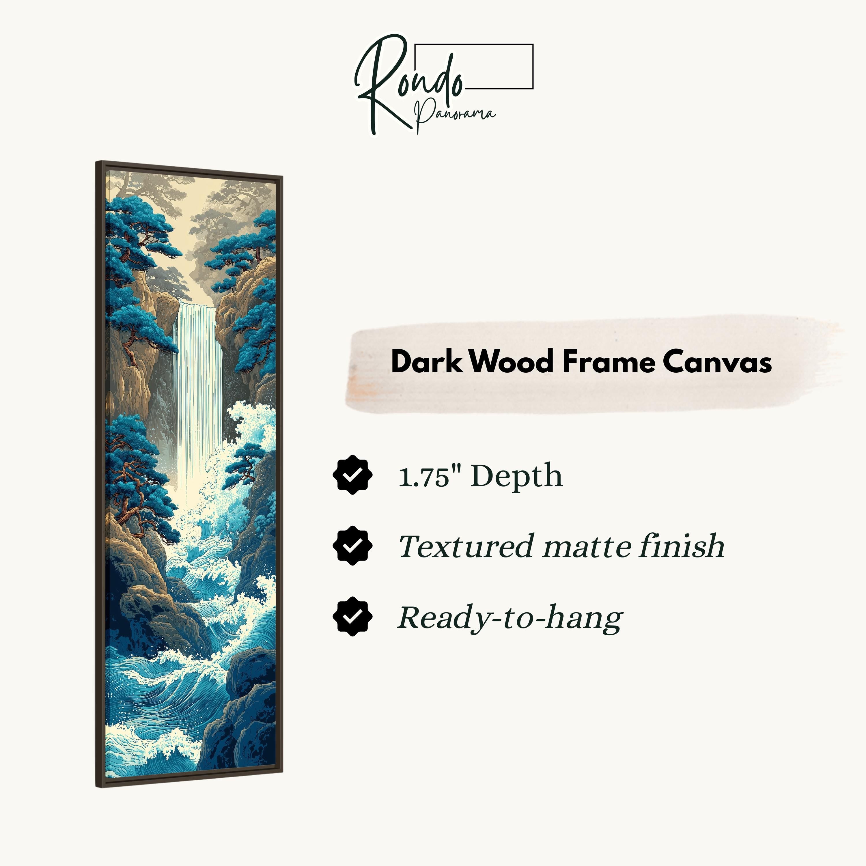 The image is a vertical text box containing information about a dark wood frame canvas.