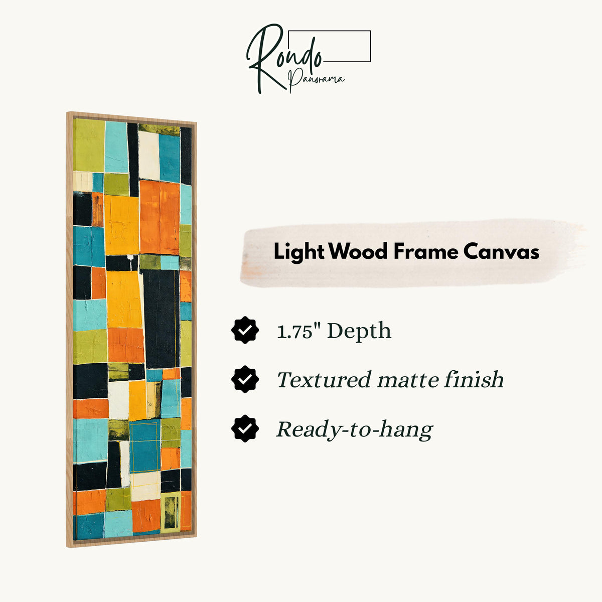 Bold mustard and teal patchwork blocks canvas print in a light wood floating frame