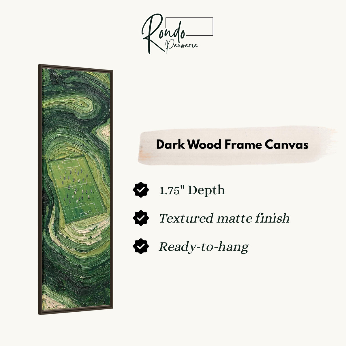 Aerial soccer field surrounded by swirling green canvas print in a dark wood floating frame