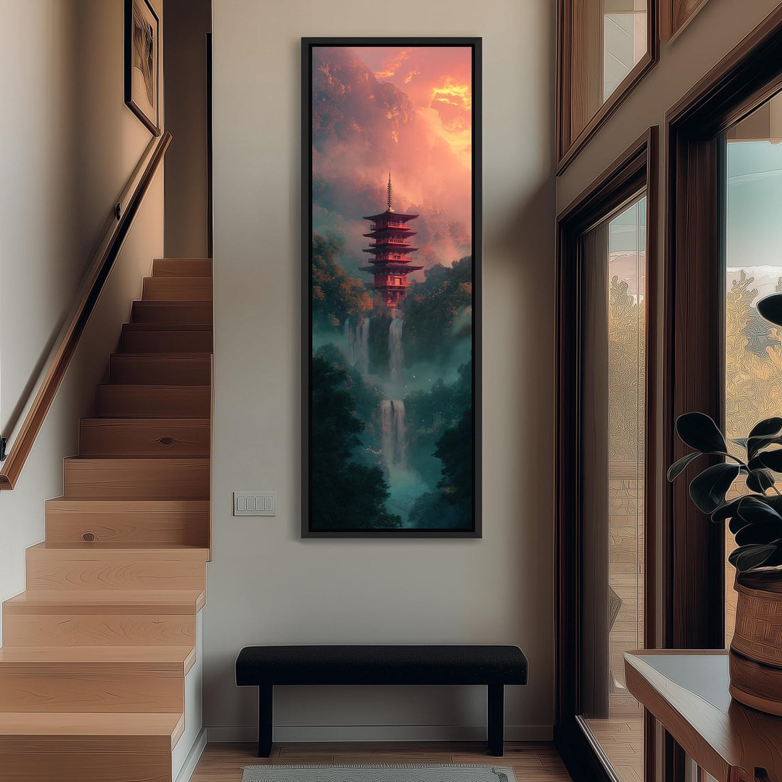 a large, colorful painting of a pagoda-style building with a waterfall in the background, hanging on a wall in a hallway.