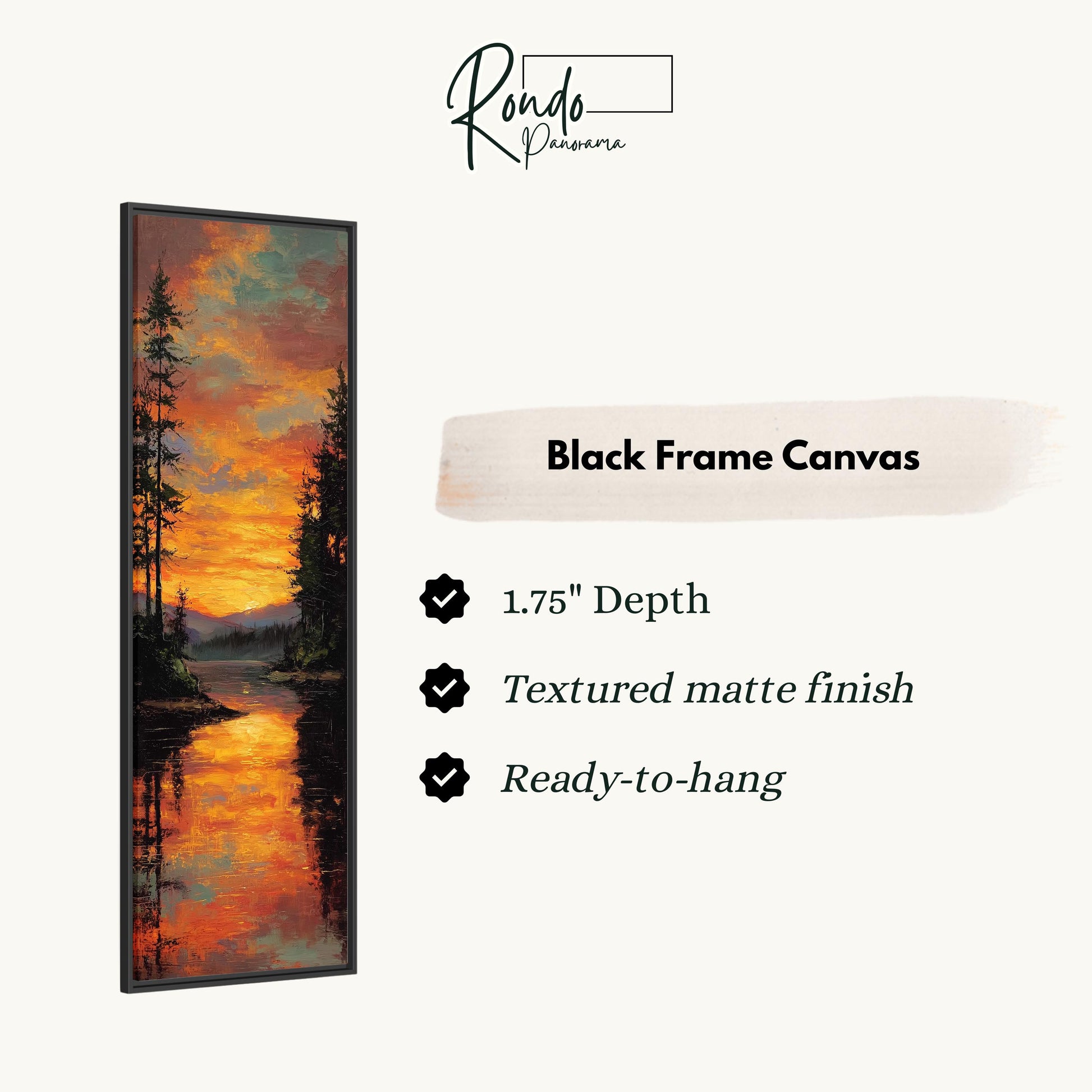 The image is a black frame canvas depicting a sunset over a lake, with a reflection of the trees on the water.