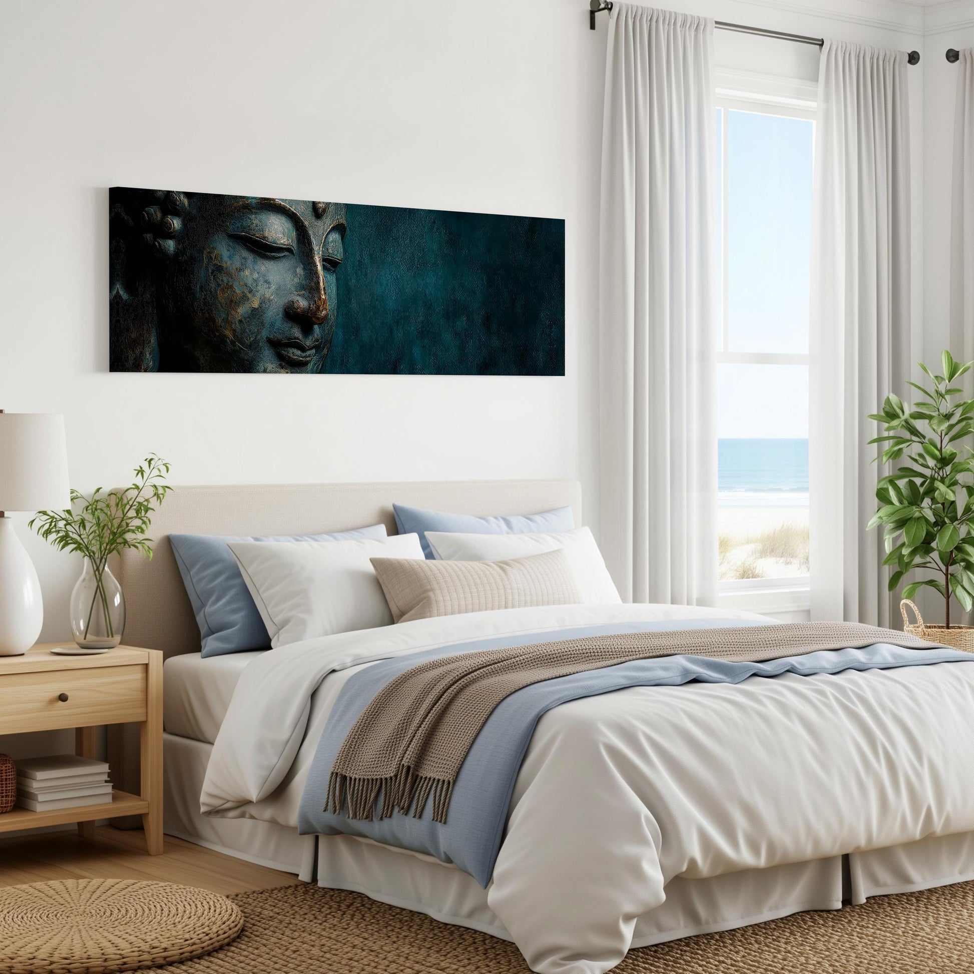 a serene bedroom with a large bed, a wooden nightstand, and a large window overlooking the ocean. The room has a calming and peaceful atmosphere, with the blue and white color scheme and the Buddha-themed artwork on the wall.