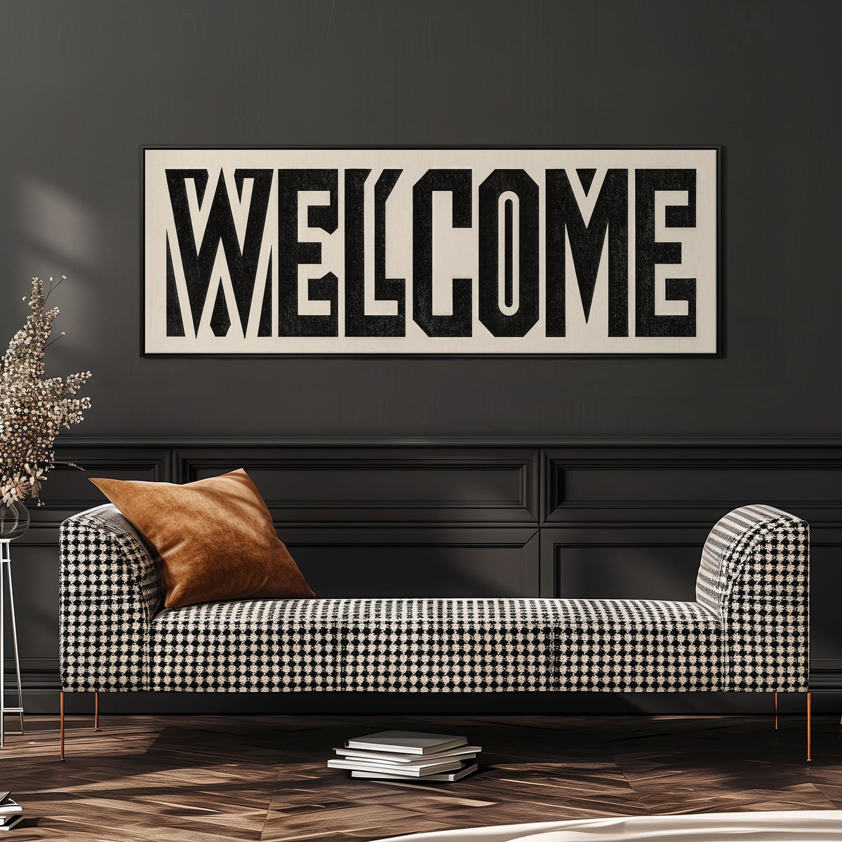 Bold welcome block letters long horizontal canvas print above a sofa in a living room