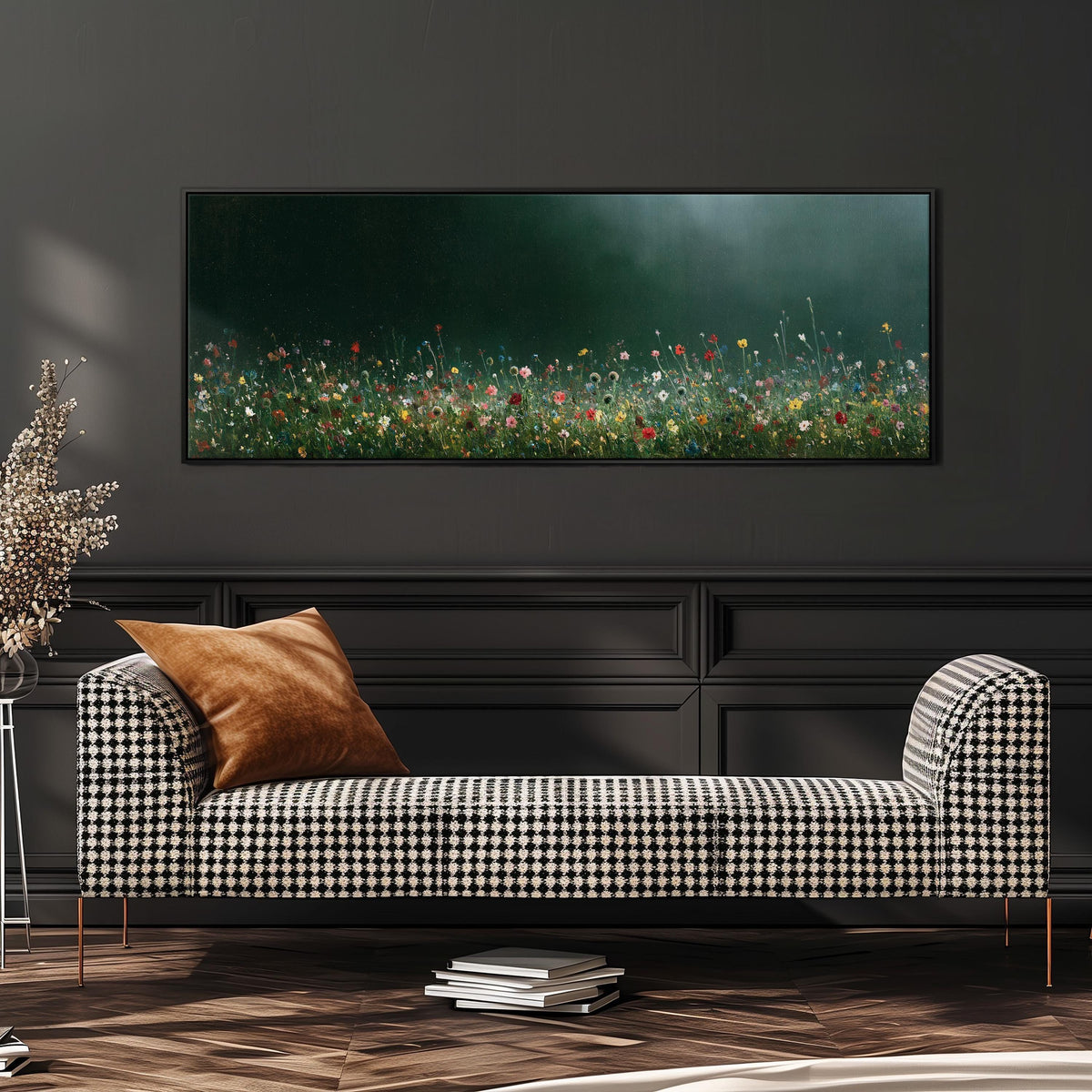 Wildflower field under a misty teal sky wide panoramic canvas print above a bench in a dark living room
