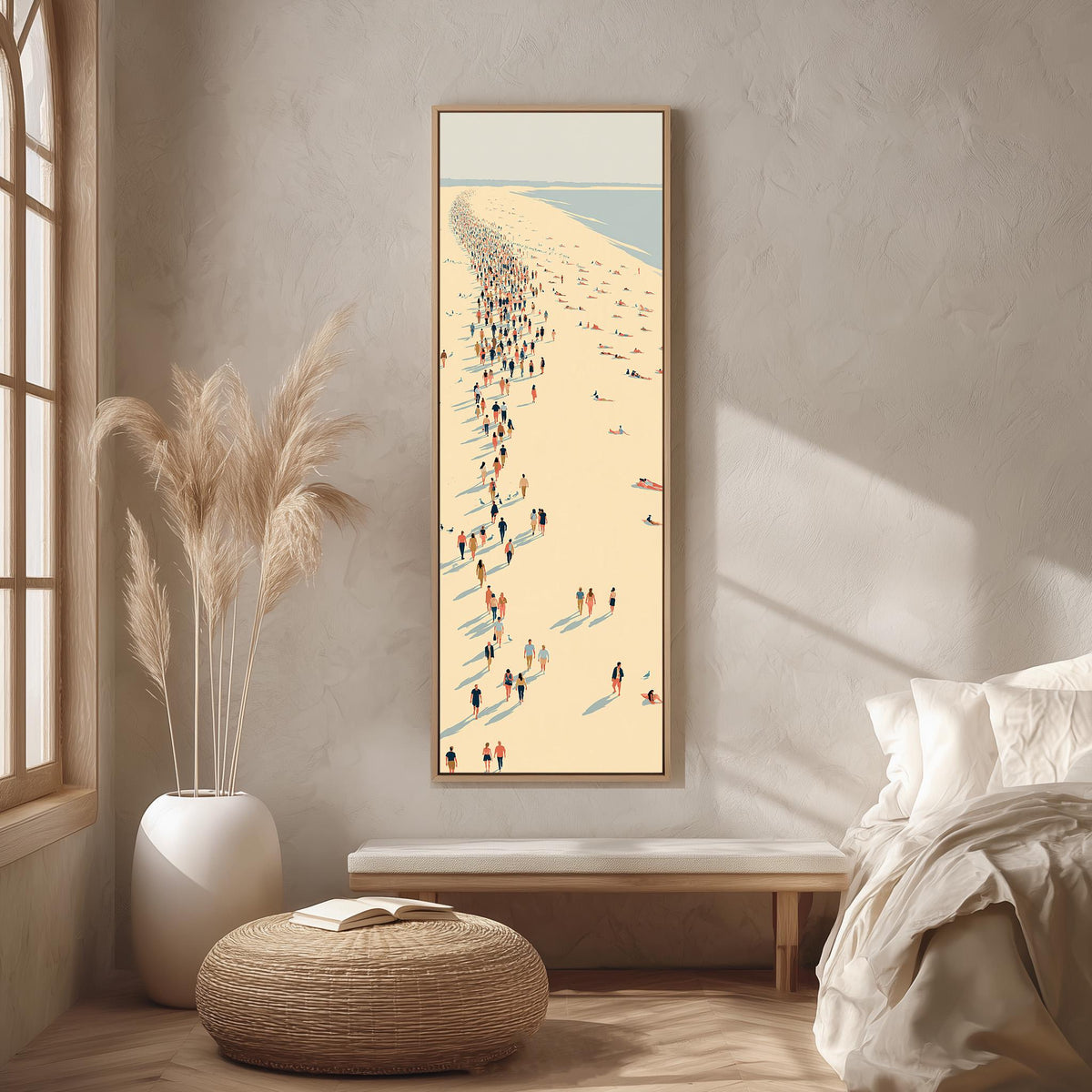 Crowds along a curving beach shoreline from above long vertical canvas print in a bright reading corner