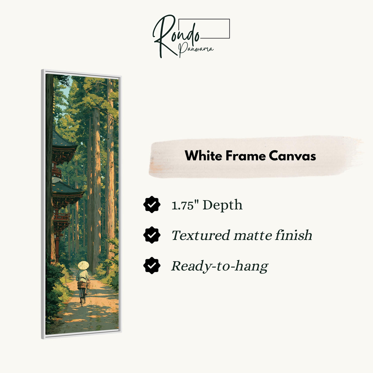 Walker on a cedar forest path by a pagoda canvas print in a white floating frame