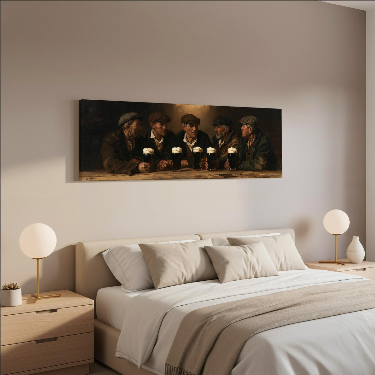 Friends toasting with stout in an Irish pub wide panoramic canvas print above a bed in a neutral bedroom
