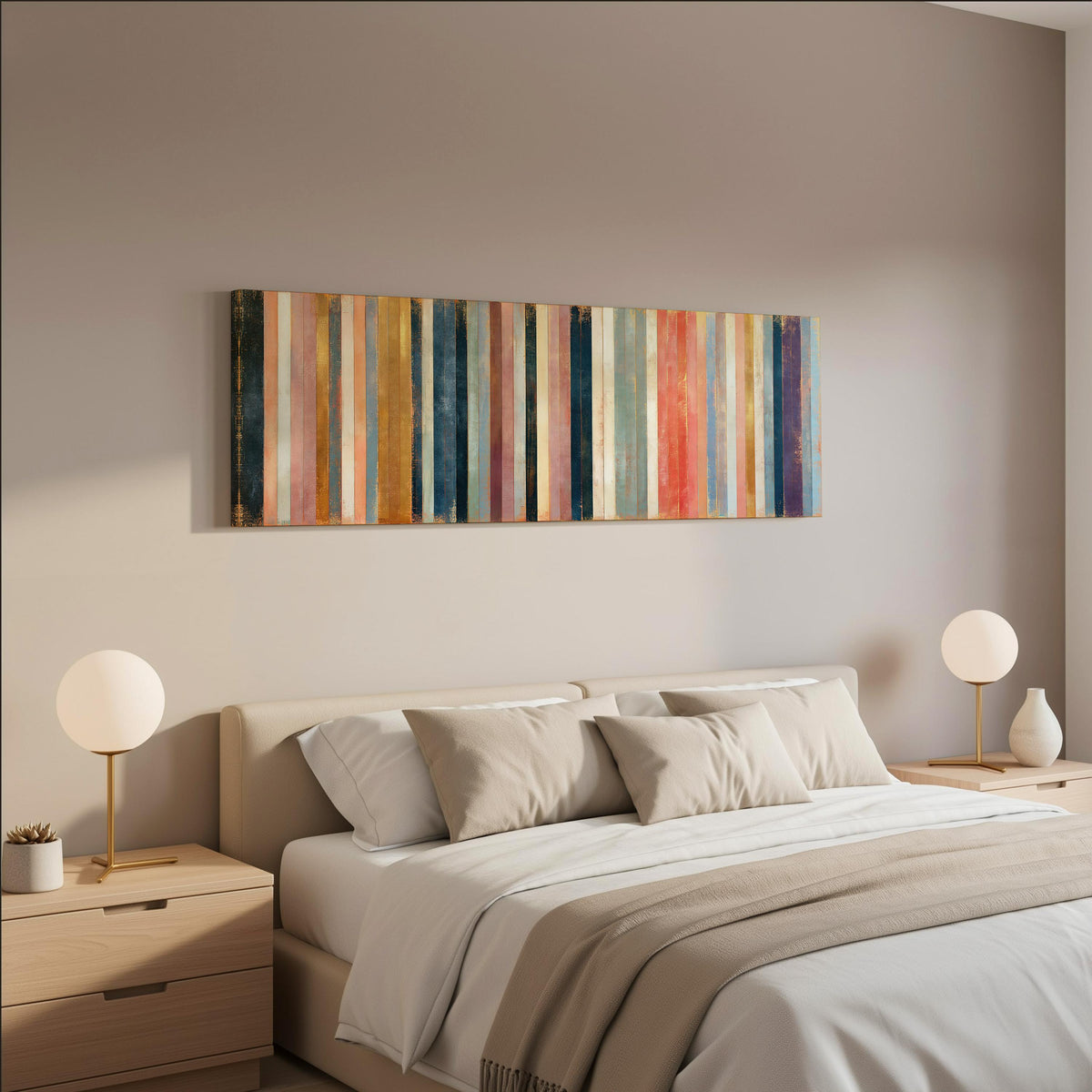 Blush, navy and gold gilded stripes wide panoramic canvas print above a bed in a neutral bedroom
