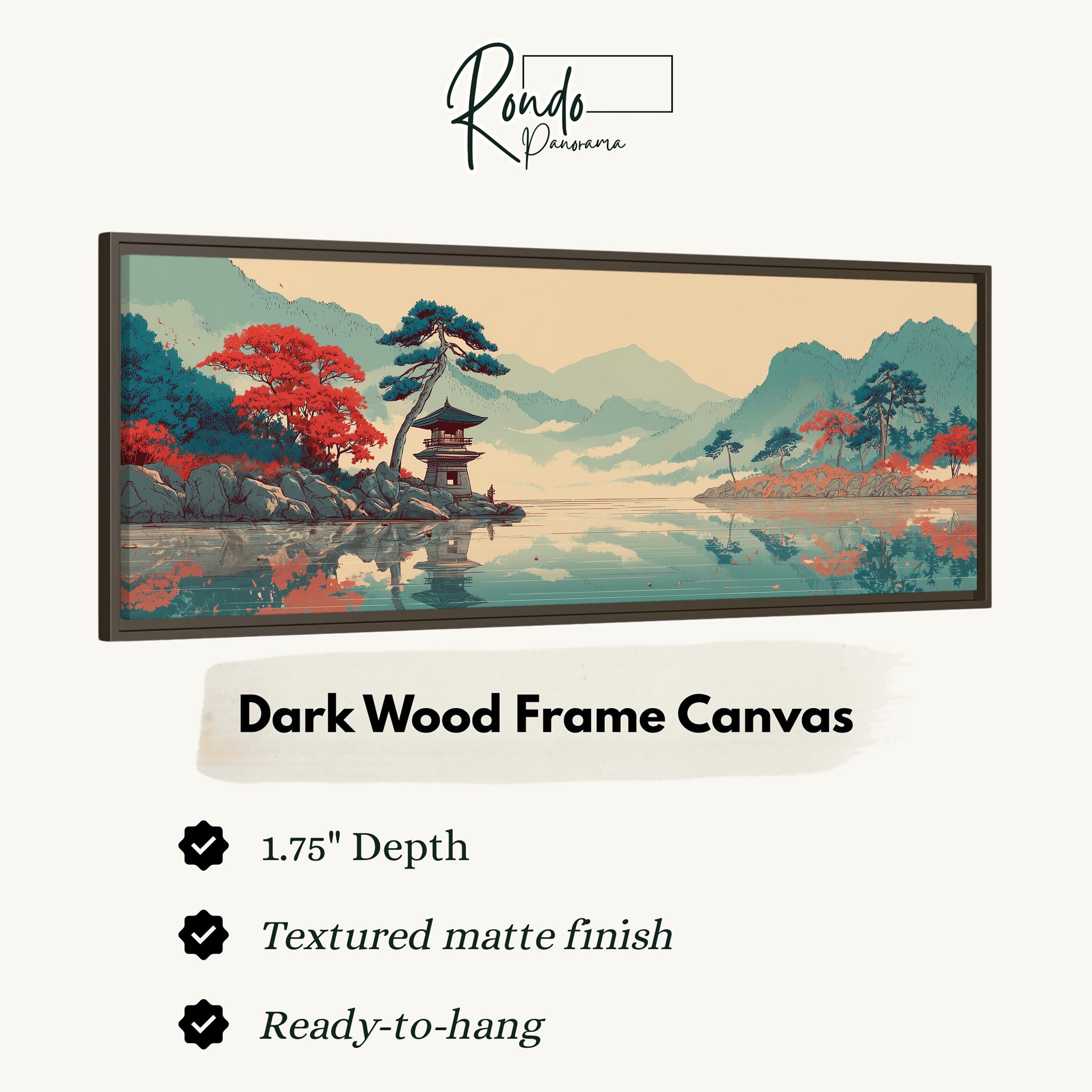 The image is a framed canvas depicting a serene landscape with a tree, mountains, and a lake.