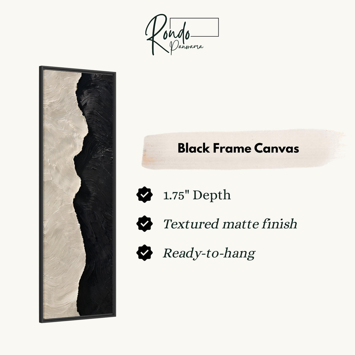 Black and cream textured brushstroke canvas print in a black floating frame