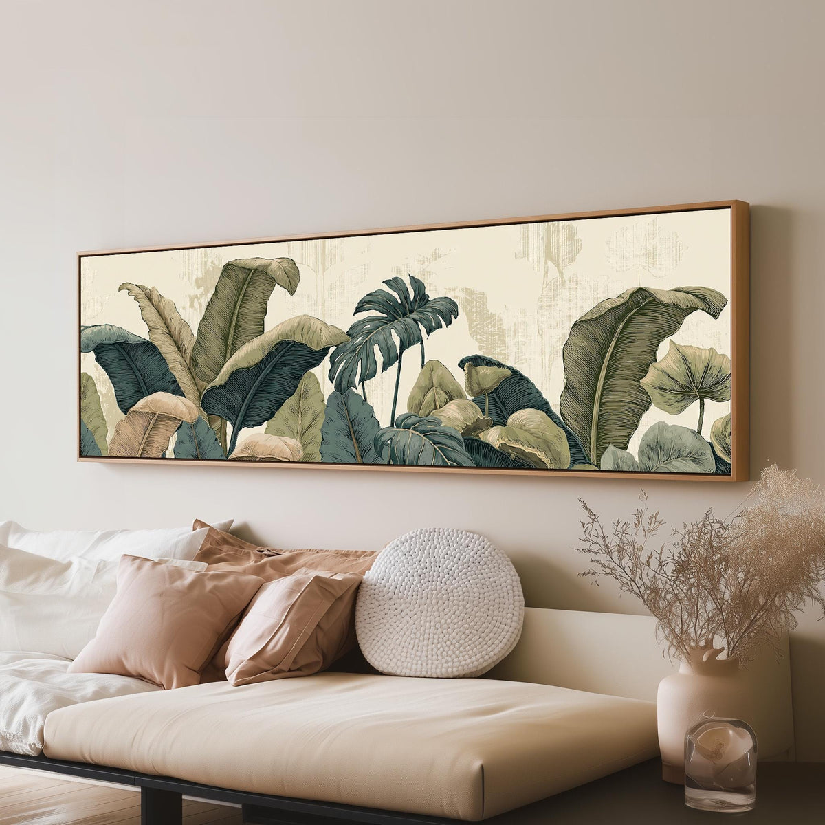 Vintage tropical leaves long horizontal canvas print above a sofa in a living room
