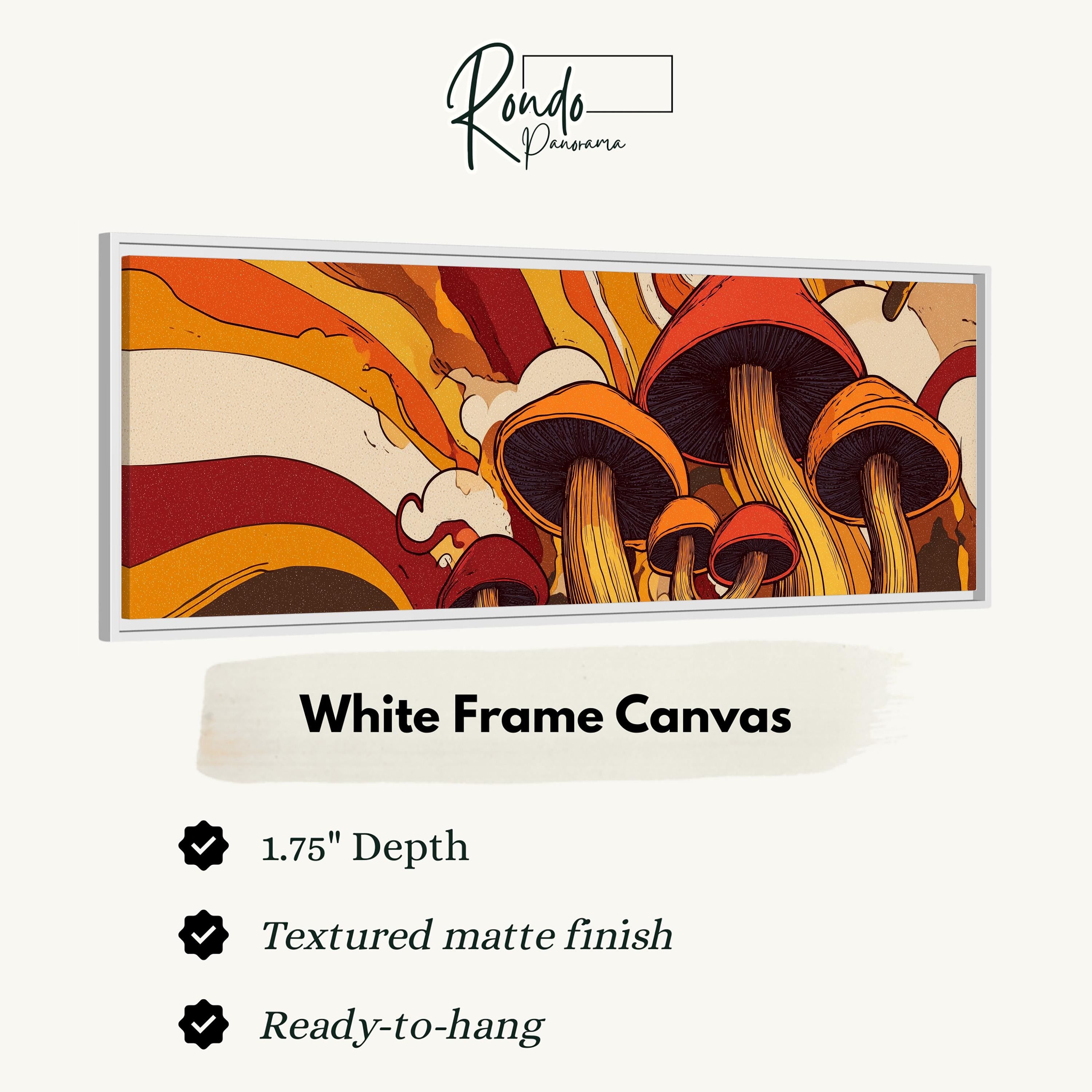 The image is a framed artwork depicting a vibrant, colorful mushroom-like design with a textured finish.