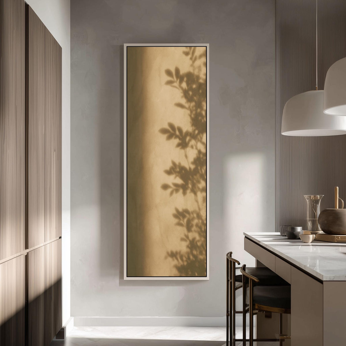 Eucalyptus leaf shadow on a sepia wall tall skinny canvas print in a modern kitchen