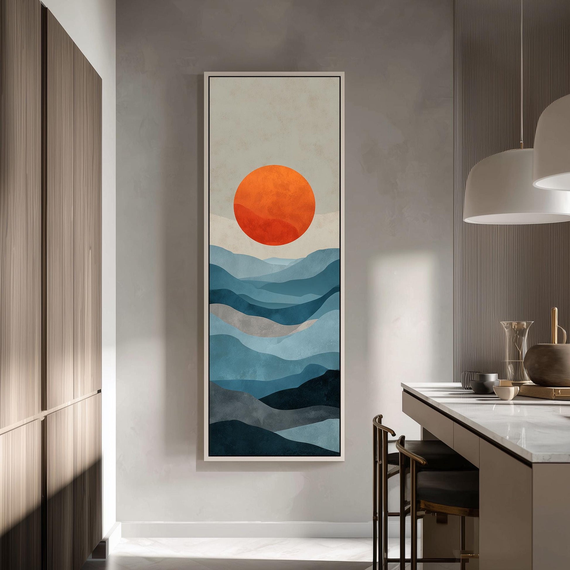 a large abstract painting hanging on a wall in a modern kitchen.