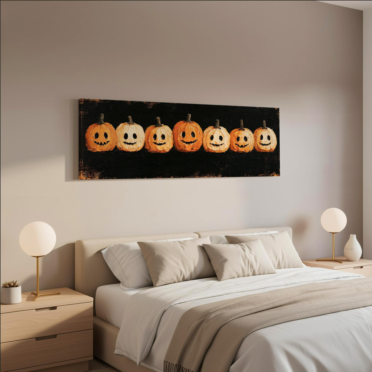 Row of smiling jack-o'-lanterns wide panoramic canvas print above a bed in a neutral bedroom