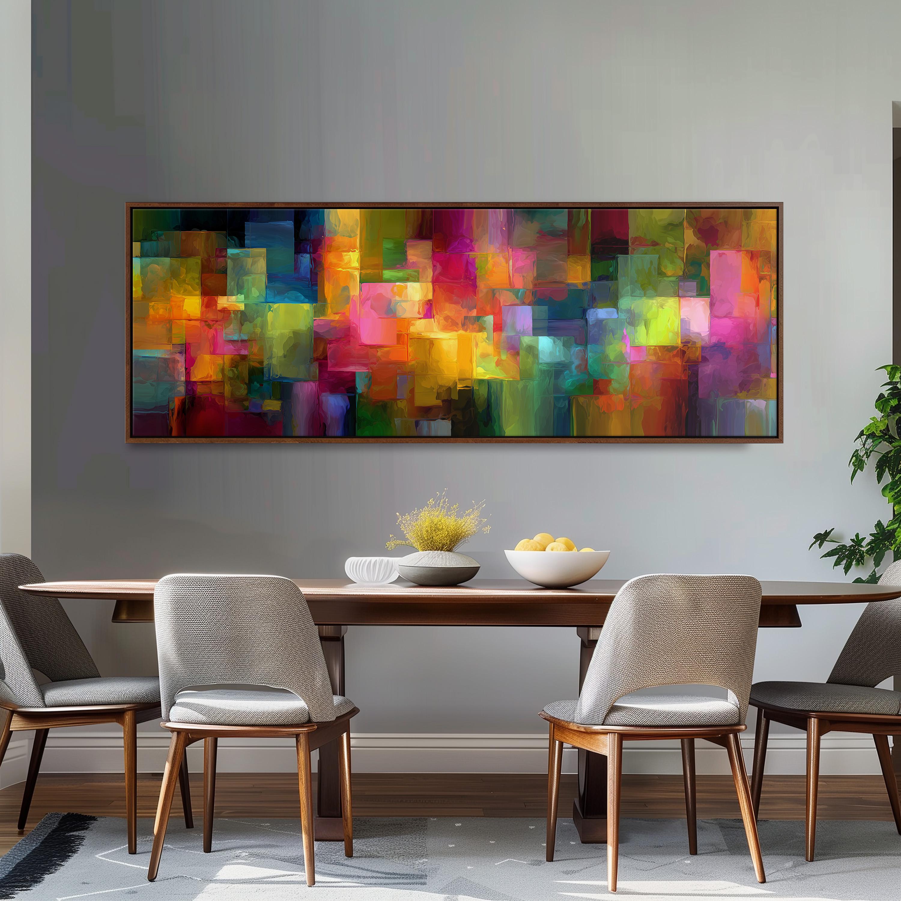 a modern dining room with a large, colorful abstract painting hanging on the wall above a wooden dining table. The table is set with a bowl of fruit and a vase of flowers, creating a welcoming and vibrant atmosphere. The room is furnished with four chairs, two on each side of the table, and a potted plant is placed on the right side of the room.