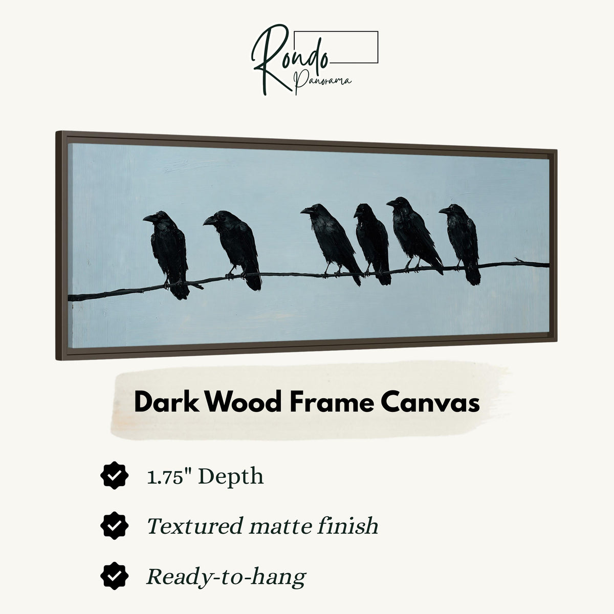Ravens spaced along a wire canvas print in a dark wood floating frame