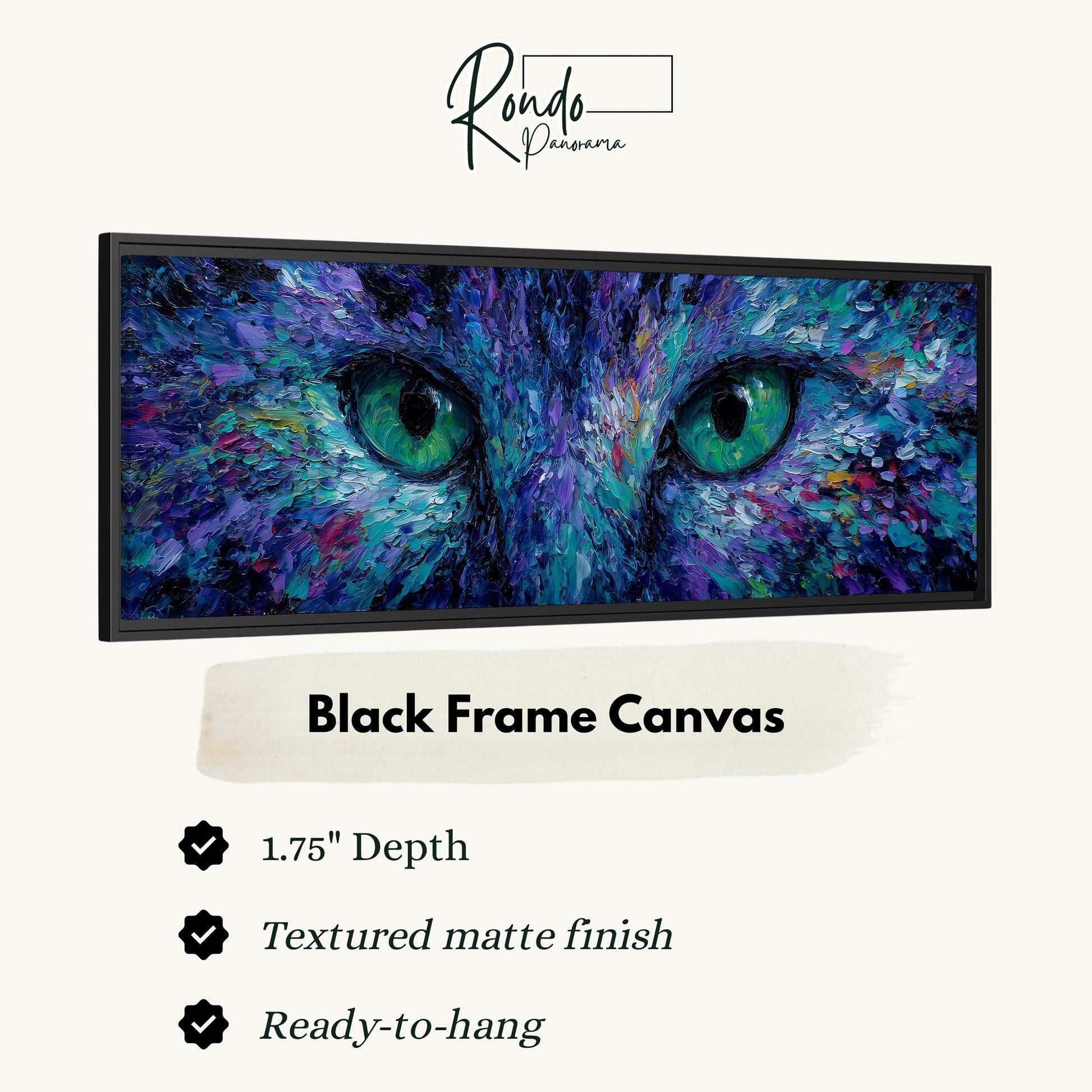 The image is a black frame canvas featuring a close-up of a cat's face with striking blue eyes.