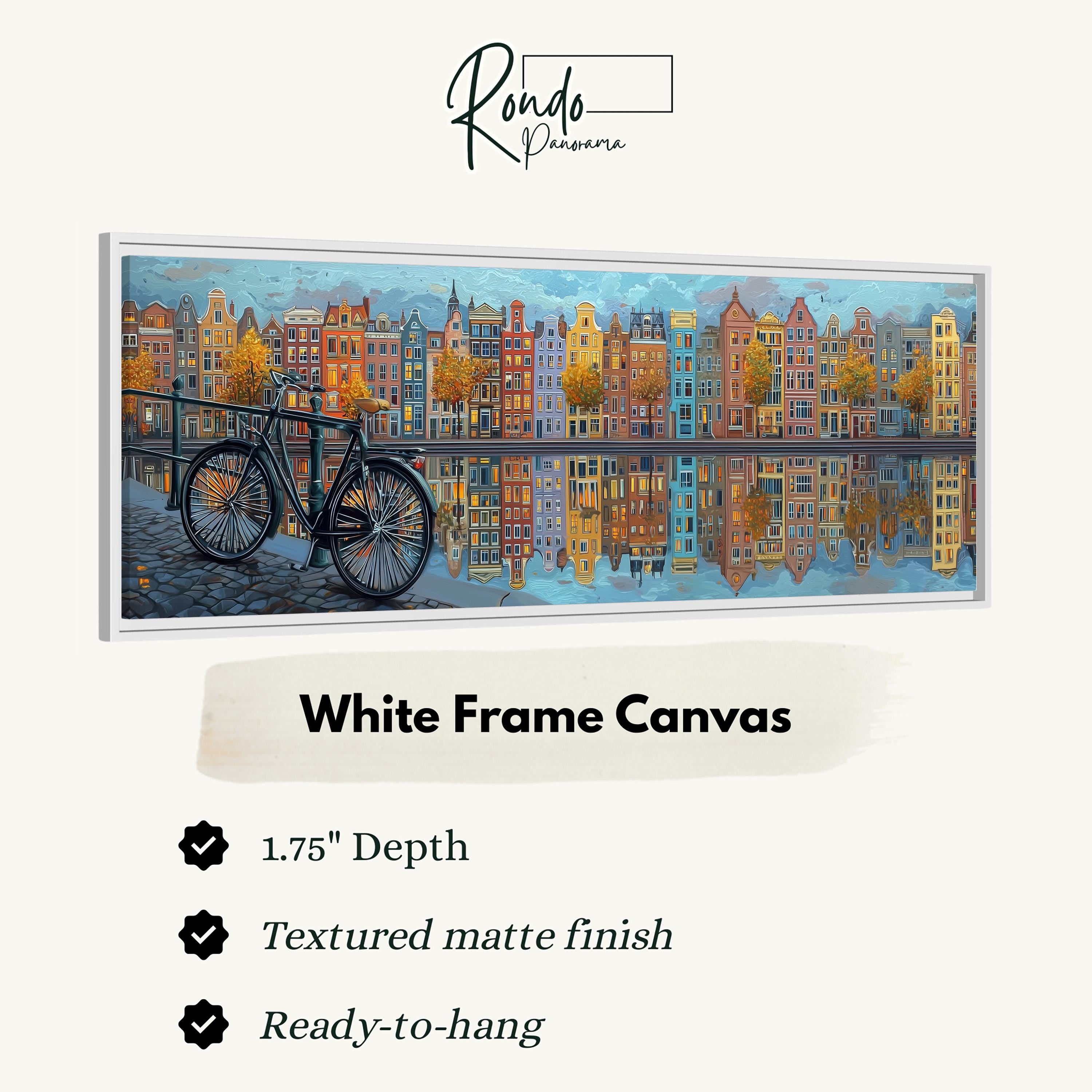 The image is a white frame canvas depicting a cityscape with a bicycle in the foreground.