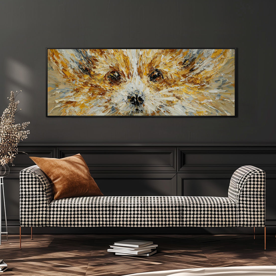 a large, vibrant painting of a dog's face hanging on a wall above a brown sofa.