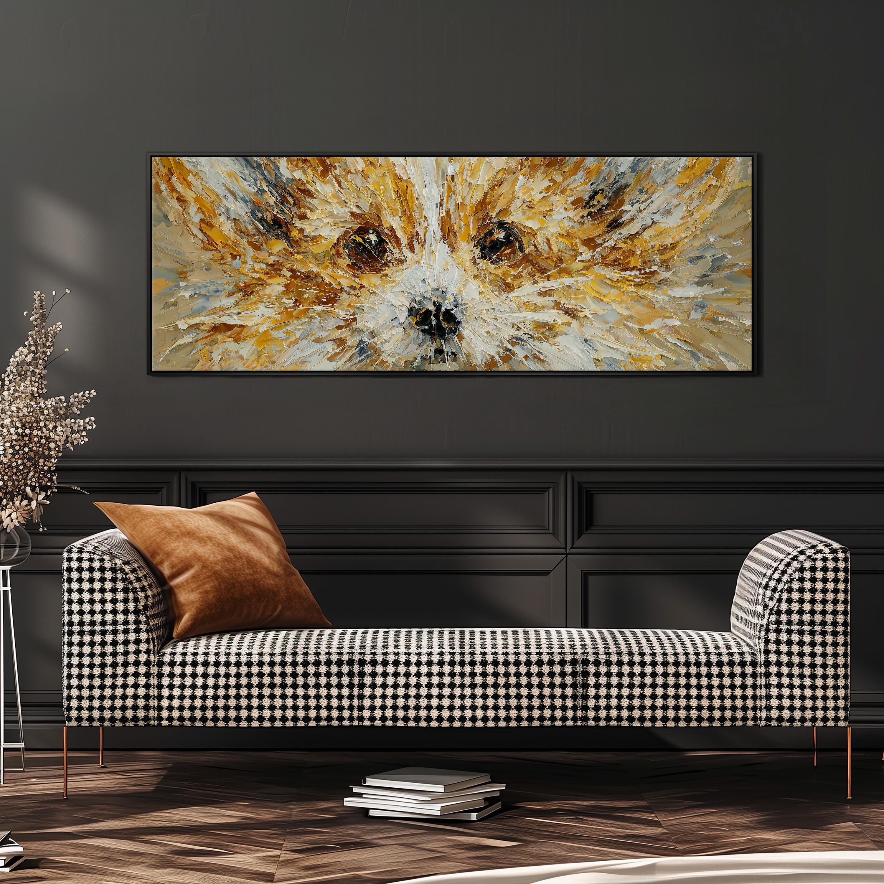 a large, colorful painting of a dog's face hanging on a wall above a black and white checkered sofa.