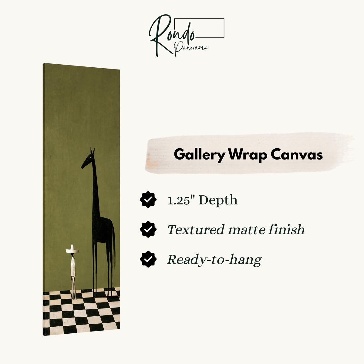 Towering black horse beside a tiny figure gallery wrap canvas with the image wrapped around the edges