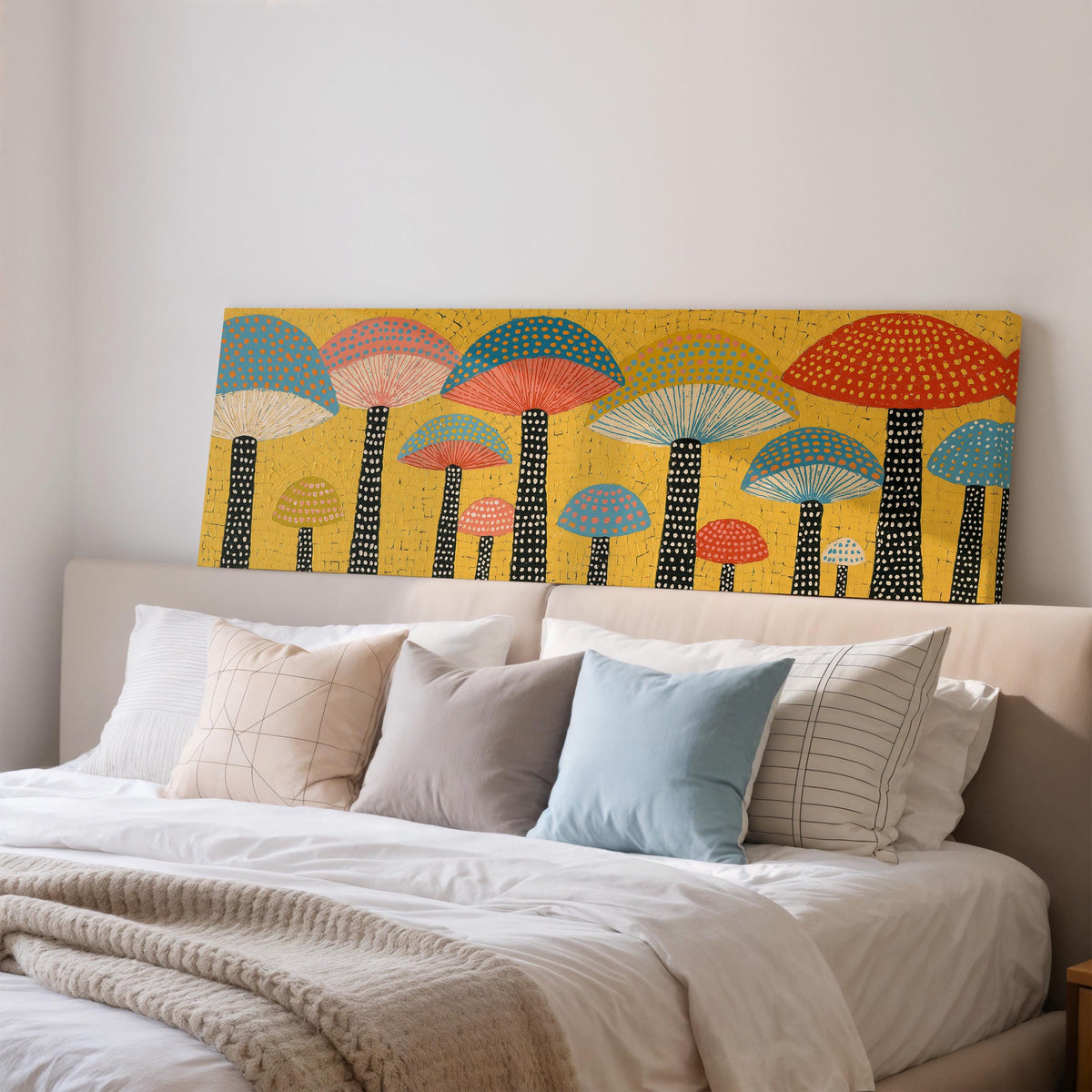 Golden mushroom parade wide panoramic canvas print above a bed in a bedroom