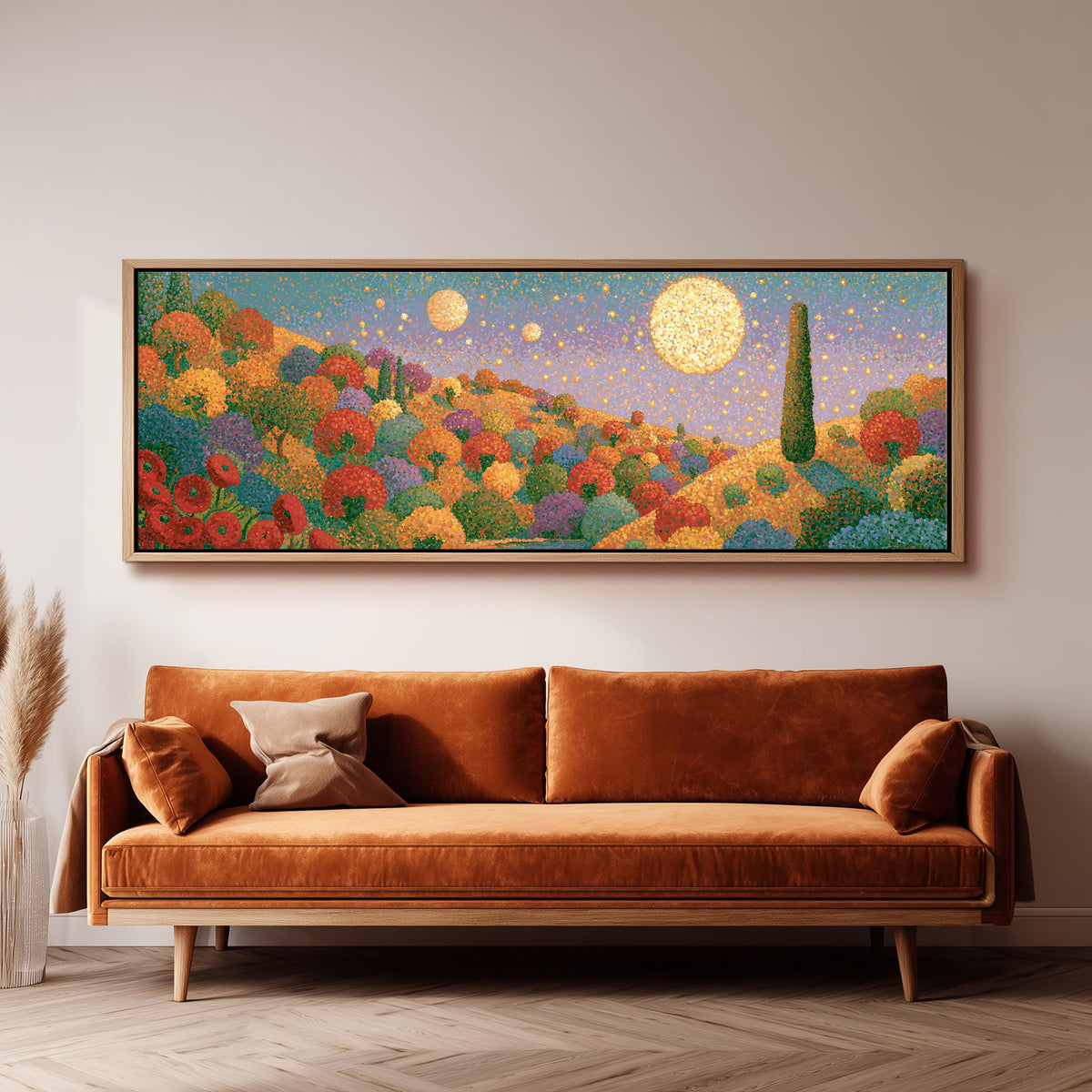 Autumn hillside under glowing moons panoramic canvas print above a sofa in a living room