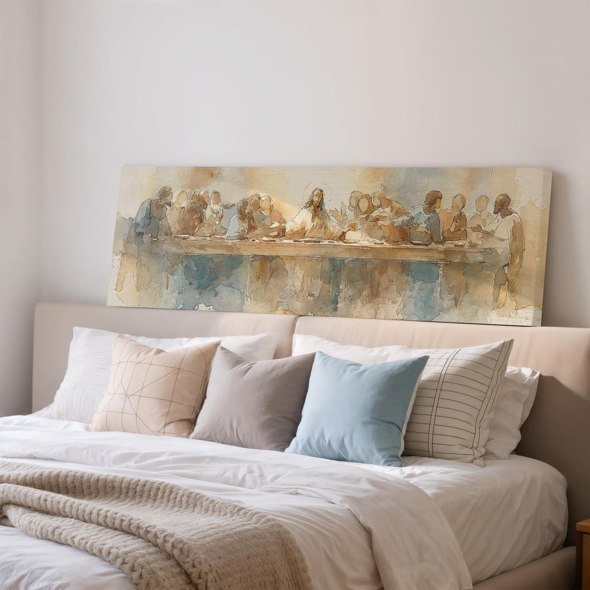 The Last Supper in watercolor long horizontal canvas print displayed on a wall