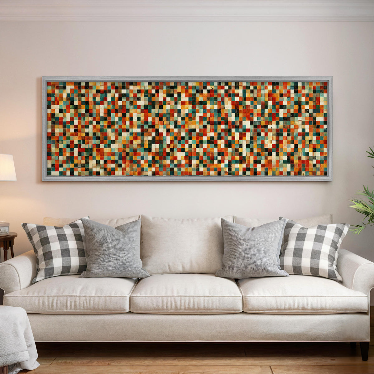Dense autumn mosaic tiles panoramic canvas print above a white sofa in a bright living room