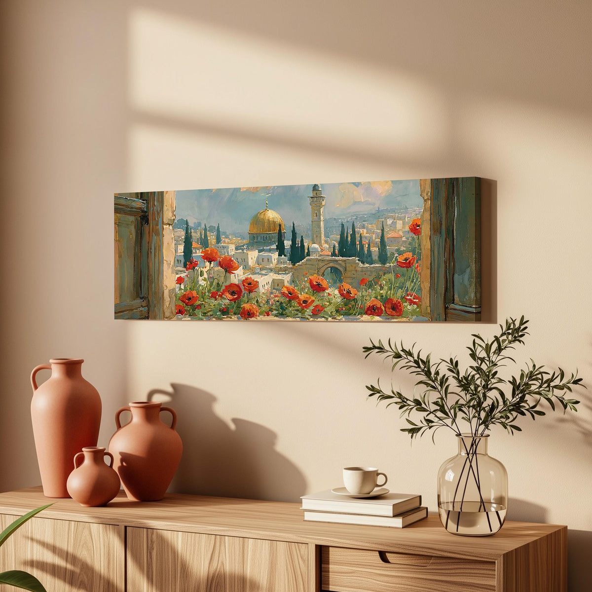 Jerusalem skyline through a window with poppies long horizontal canvas print above a wooden sideboard
