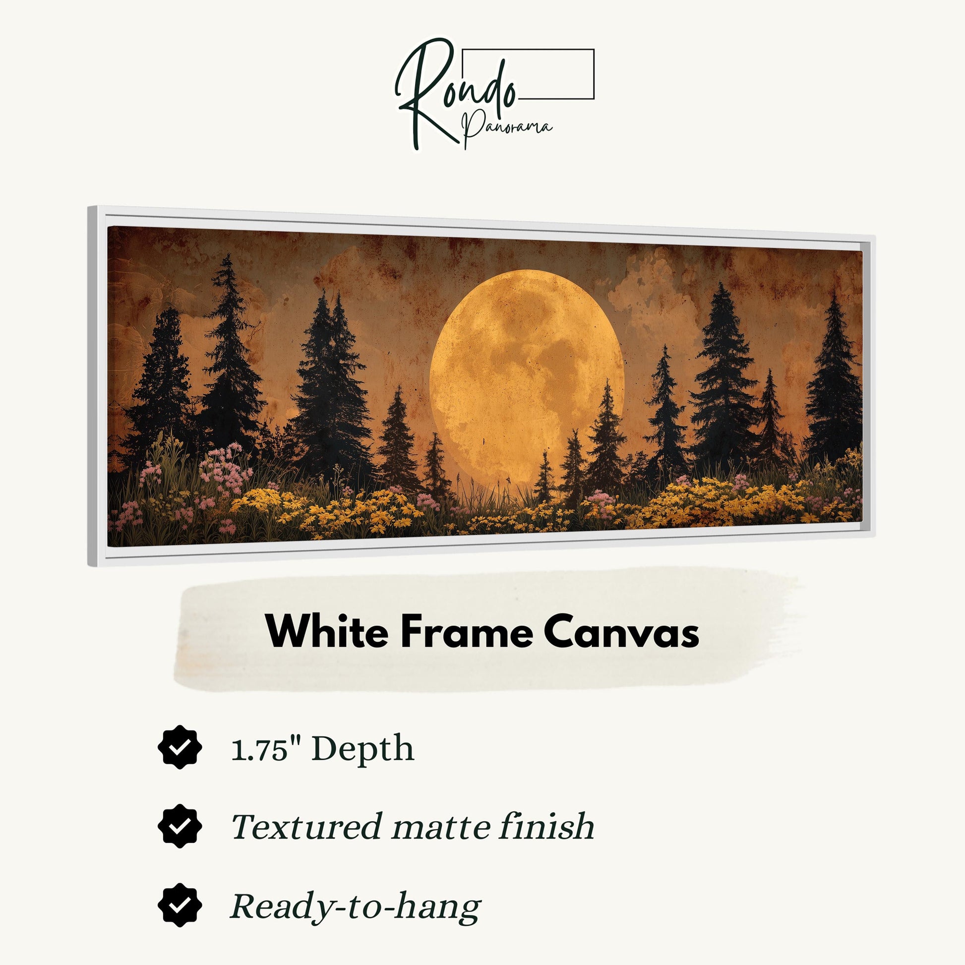 The image is a white frame canvas depicting a serene landscape with a full moon, pine trees, and wildflowers.