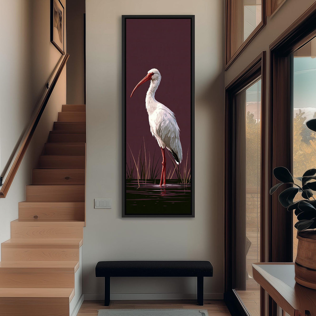 White ibis on a plum background long vertical canvas print in a sunlit living space