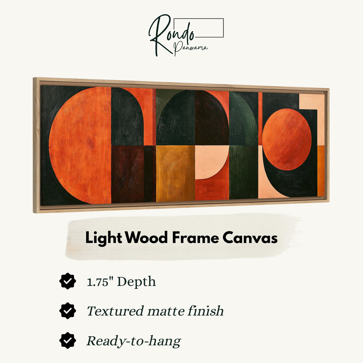Orange circles and arches on forest green canvas print in a light wood floating frame