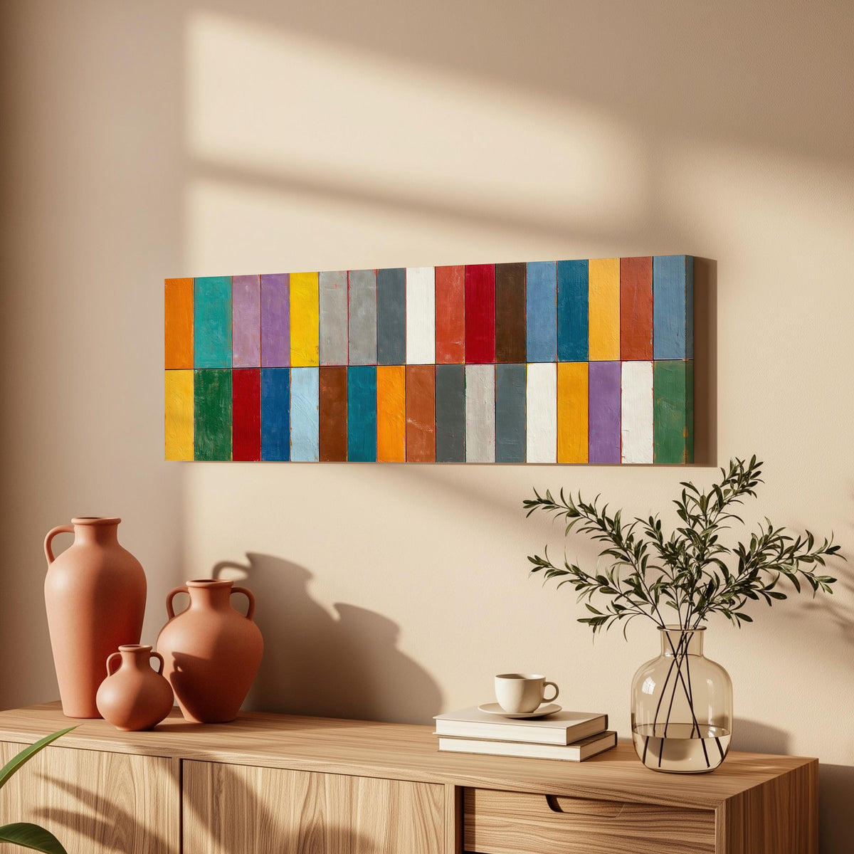 Bright color block rows long horizontal canvas print above a wooden sideboard