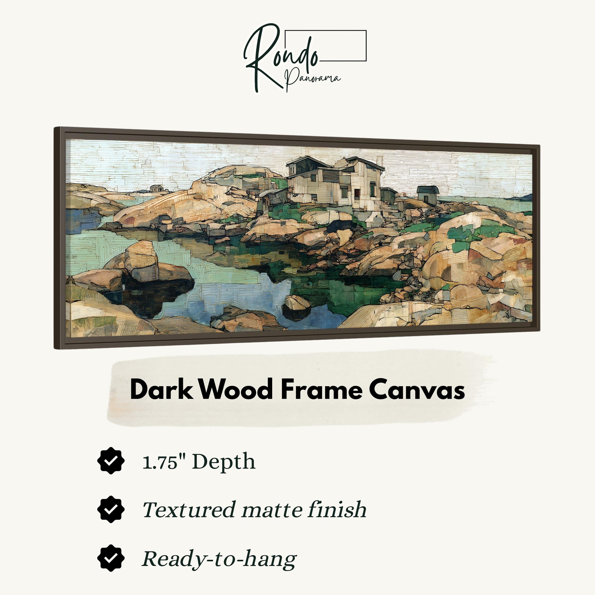The image is a framed artwork depicting a rocky coastal landscape with a house and water in the background.