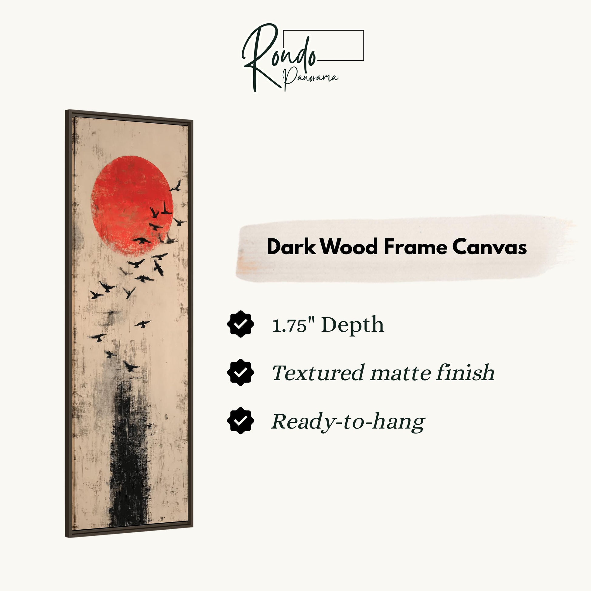 The image is a dark wood frame canvas featuring a striking red sun with black silhouettes of birds flying around it. The canvas has a 1.75" depth, is textured with a matte finish, and is ready to hang.