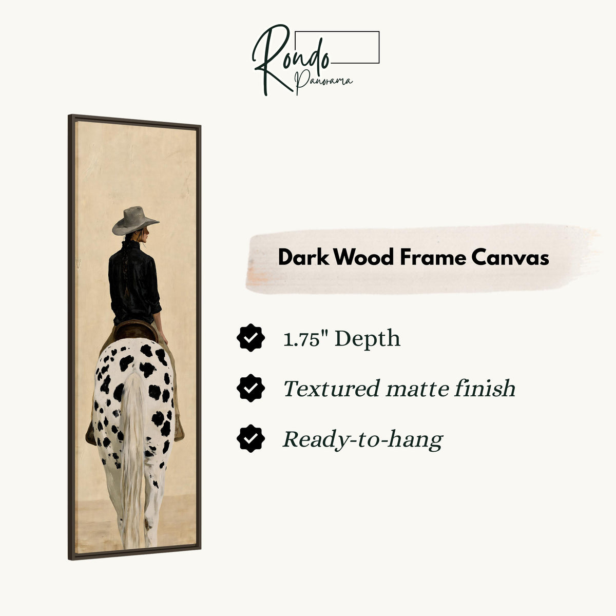 Cowgirl with a long braid on a spotted horse canvas print in a dark wood floating frame