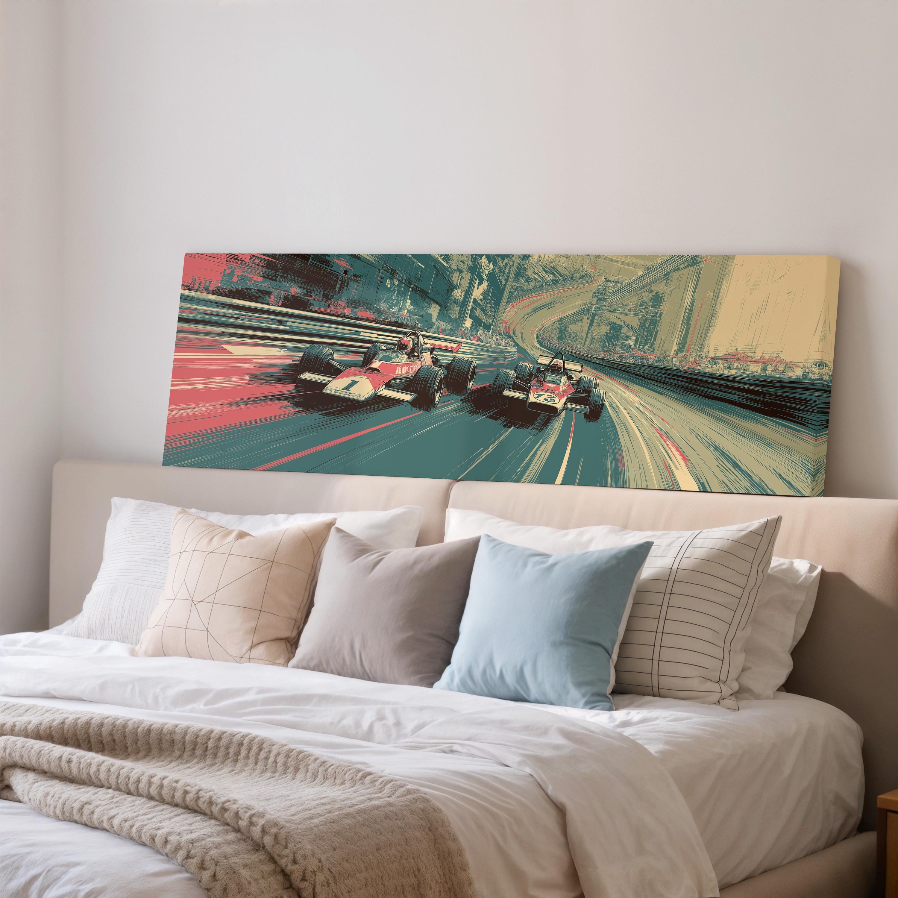 a large, colorful painting of two race cars speeding down a track, mounted on a wall above a bed with white bedding.