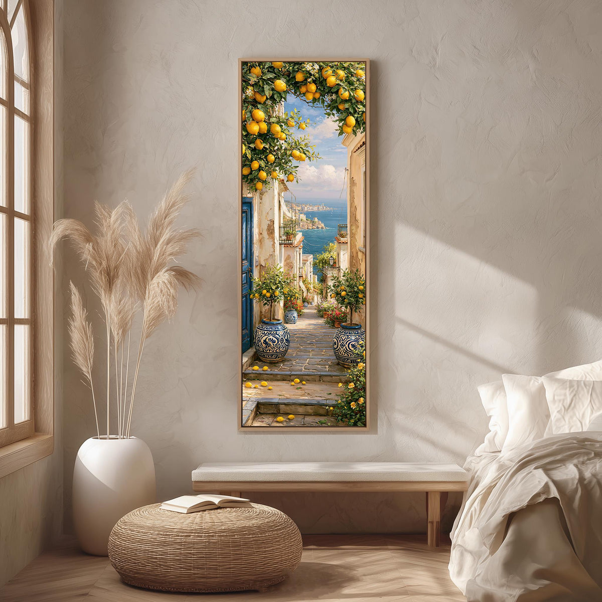 Lemon tree alley leading to the sea long vertical canvas print in a bright reading corner