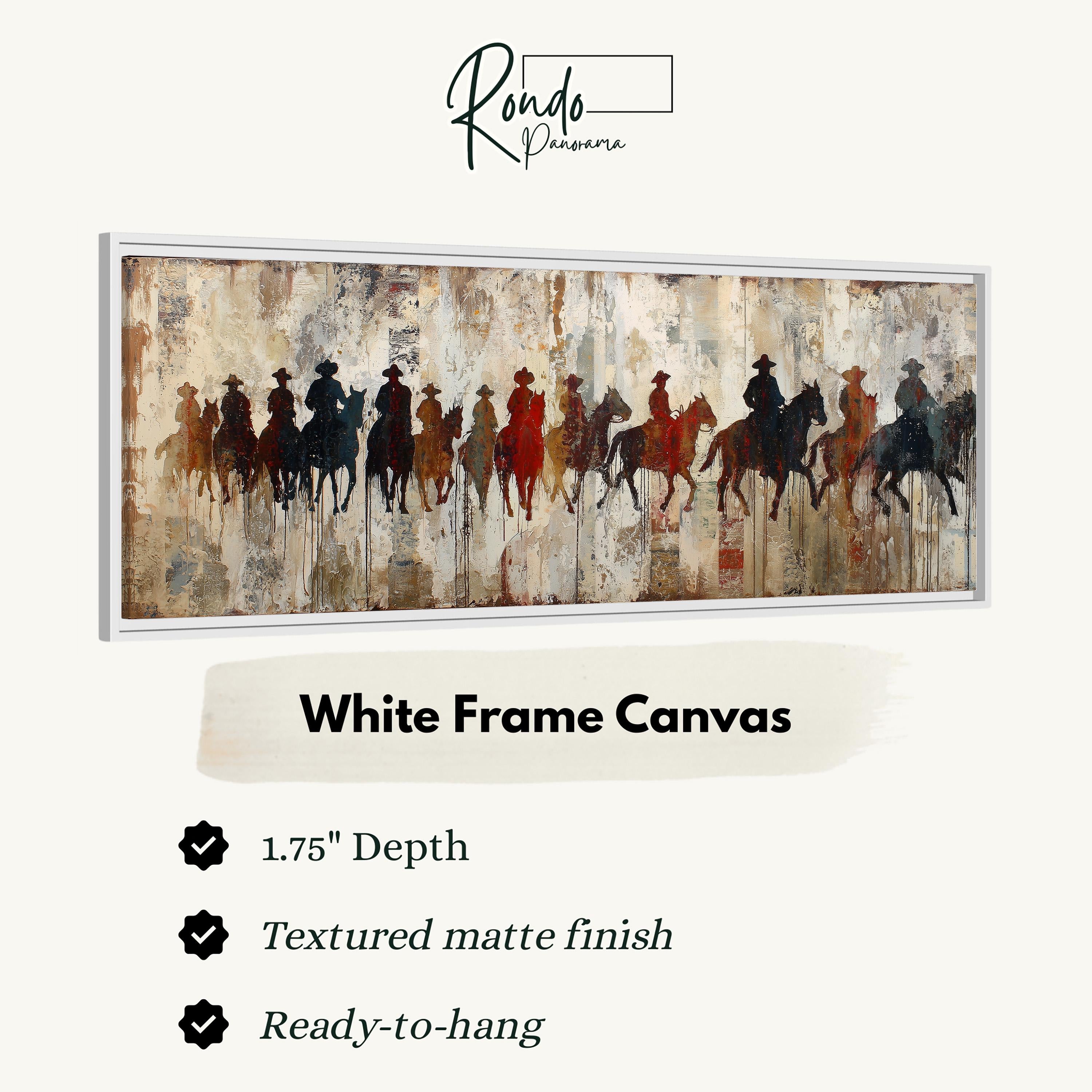 The image is a framed artwork depicting a group of people riding horses, with a textured matte finish and a white frame.