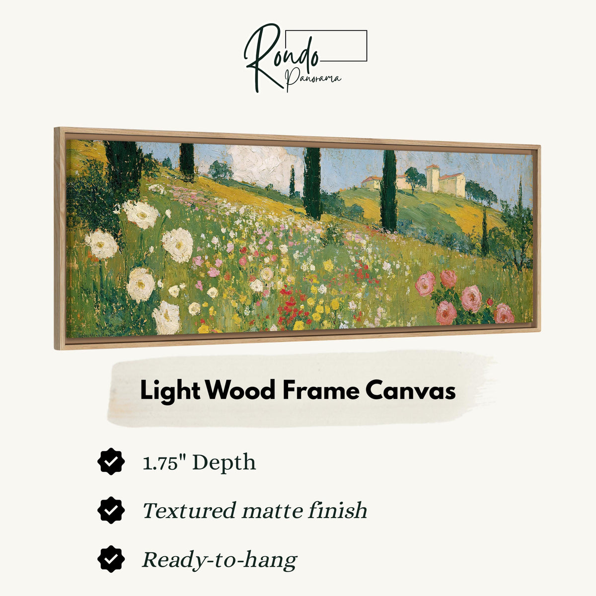 Tuscan wildflower hillside with cypress trees canvas print in a light wood floating frame