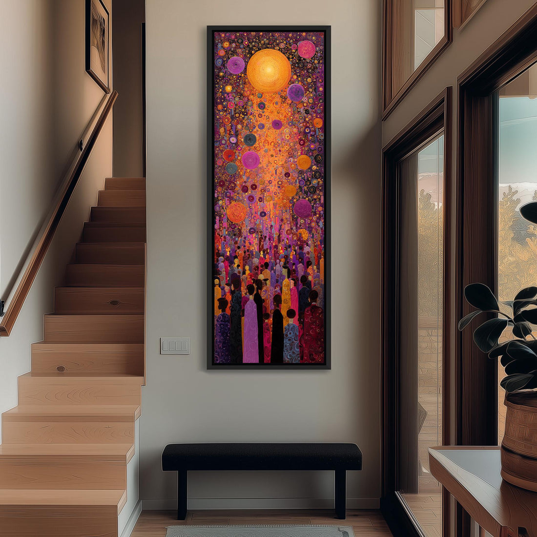a large, colorful painting hanging on a wall in a room with a wooden cabinet below it.