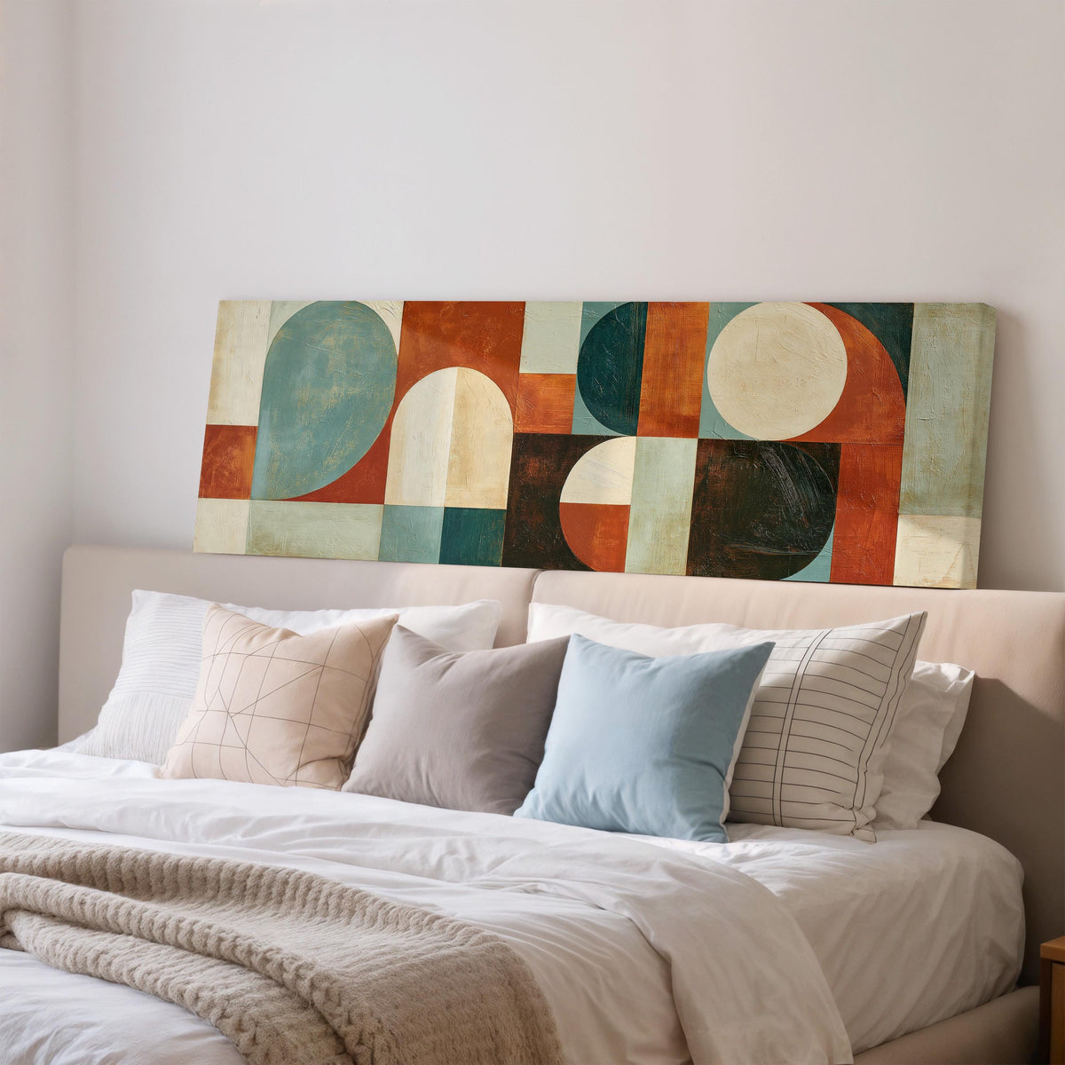 Teal and rust arch and circle shapes wide panoramic canvas print above a bed in a bedroom