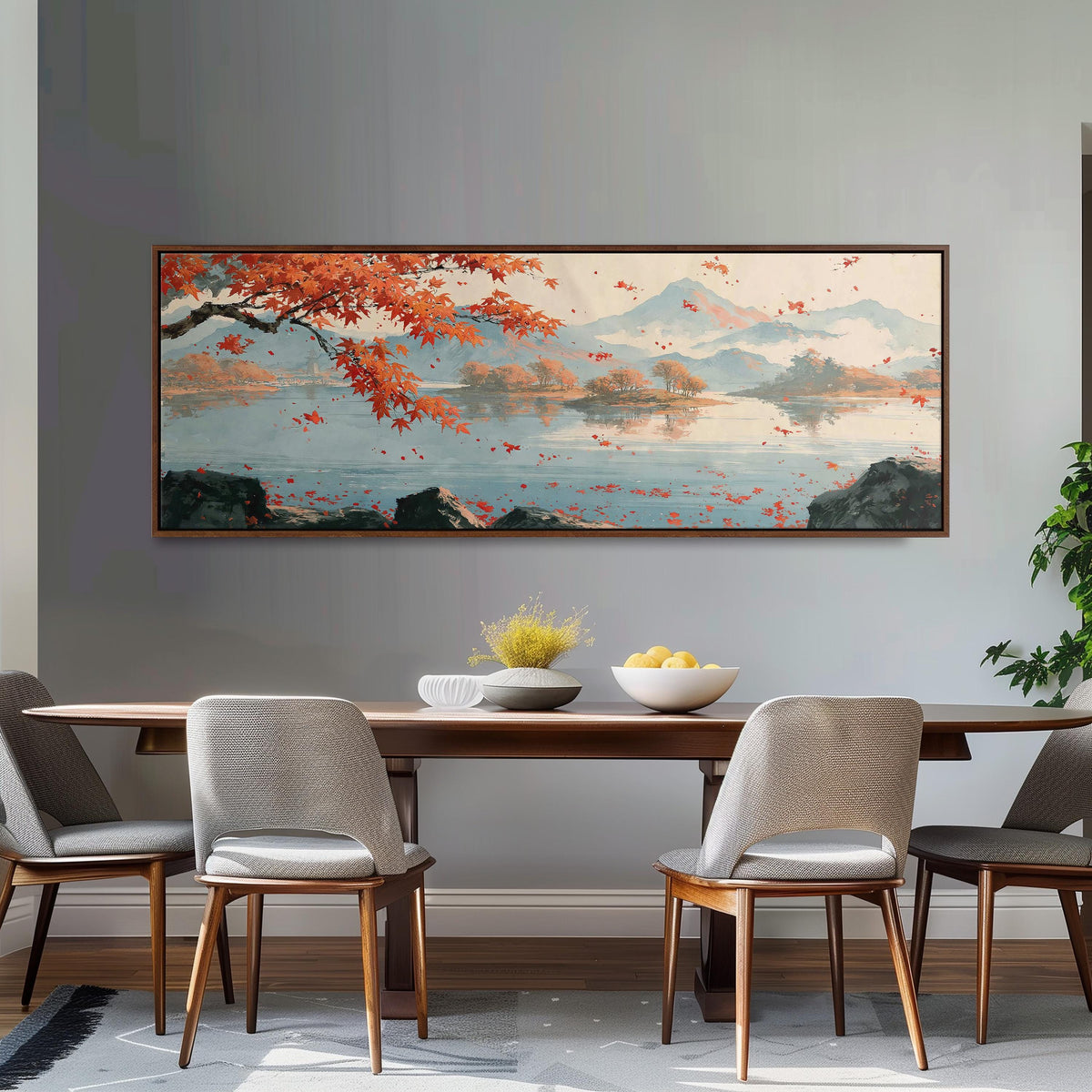 Japanese maple over a misty lake long horizontal canvas print above a dining table